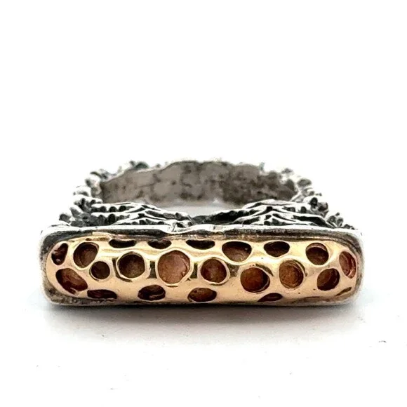 Designer Dian Malouf 925 Sterling Silver 14K Ylw Gold Brutalist Stackable Ring